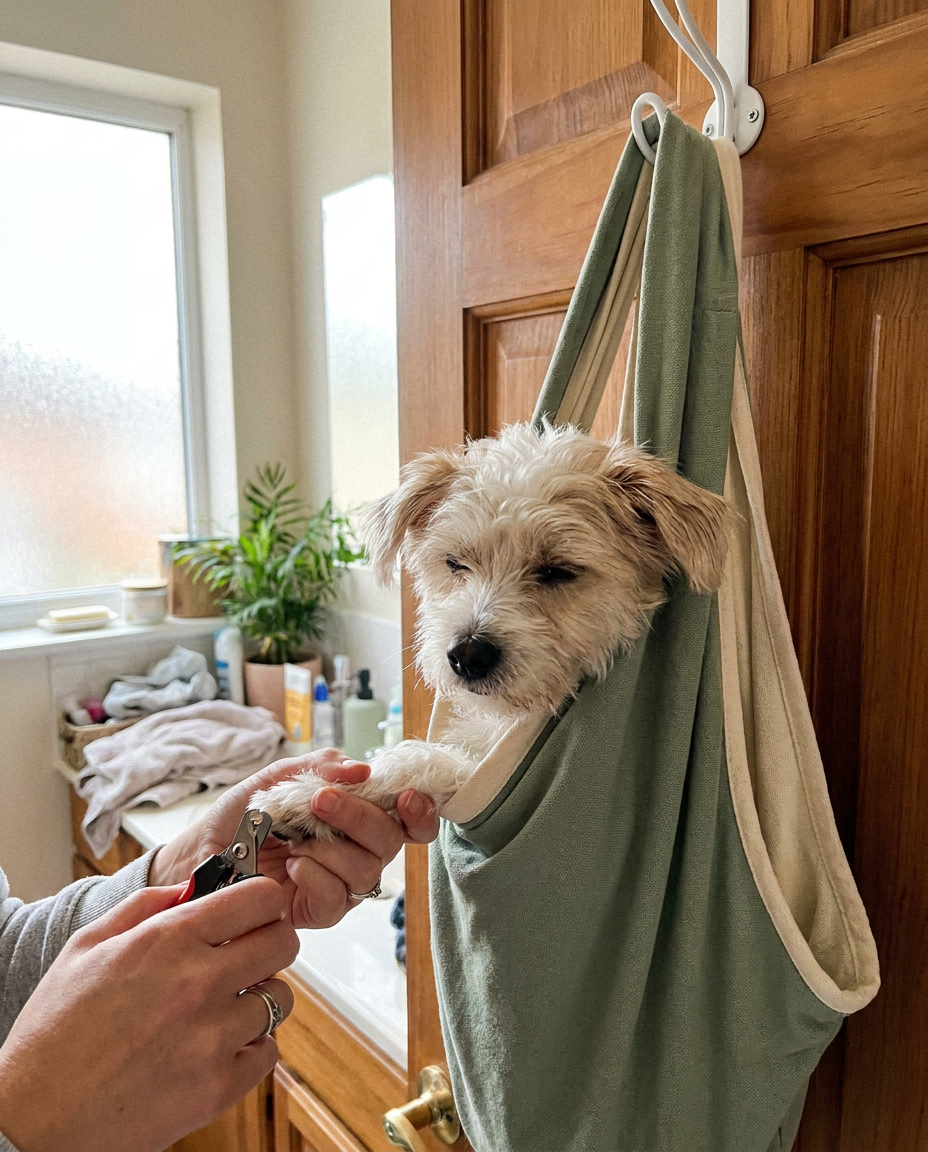 Calm dog secure in the grooming hammock getting a nail trim