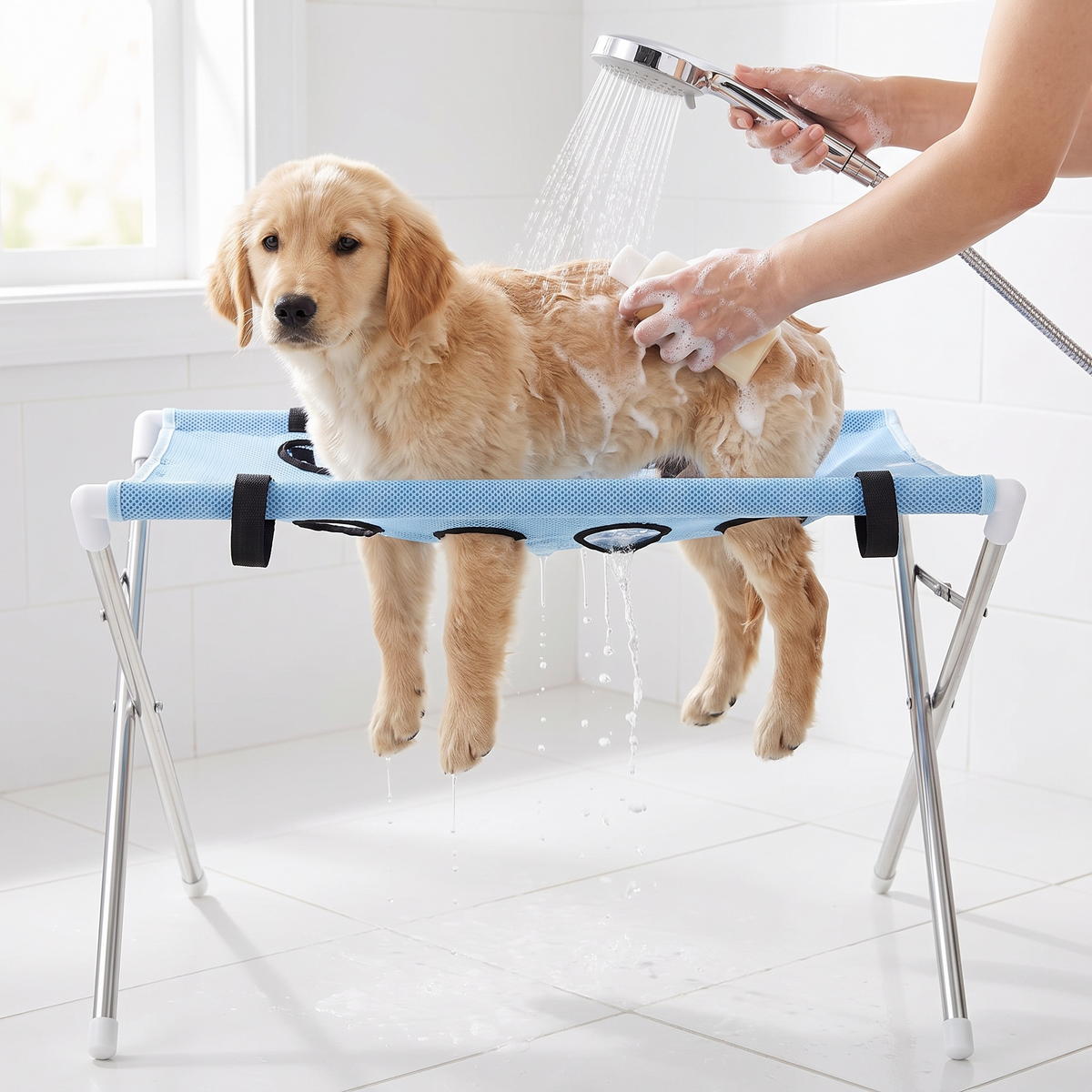 Dog standing on the stand, legs through the holes, mid-wash